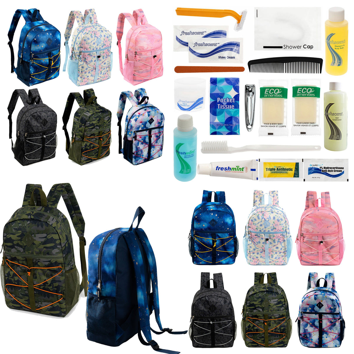 12 Bungee 17" Backpacks in Assorted Prints & Your Choice of 12 Bulk Hygiene Kits - Wholesale Care Package: Homeless, Emergency, Charity