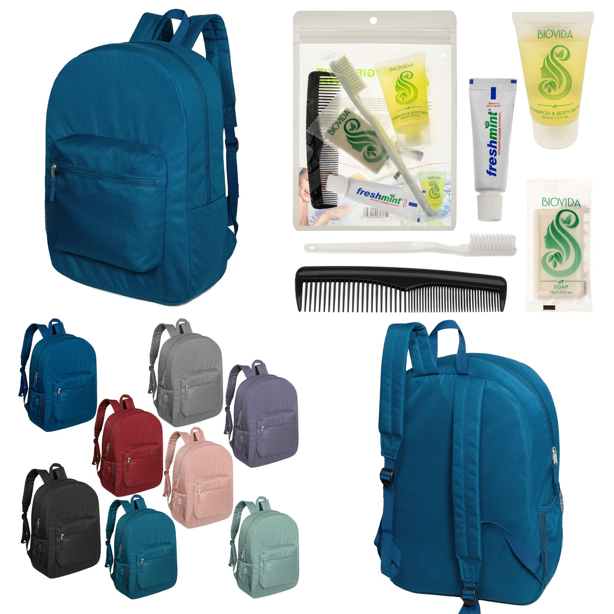 12 Padded Premium Quality 17" Backpacks & Your Choice of 12 Bulk Hygiene Kits - Wholesale Care Package: Homeless, Emergency, Charity