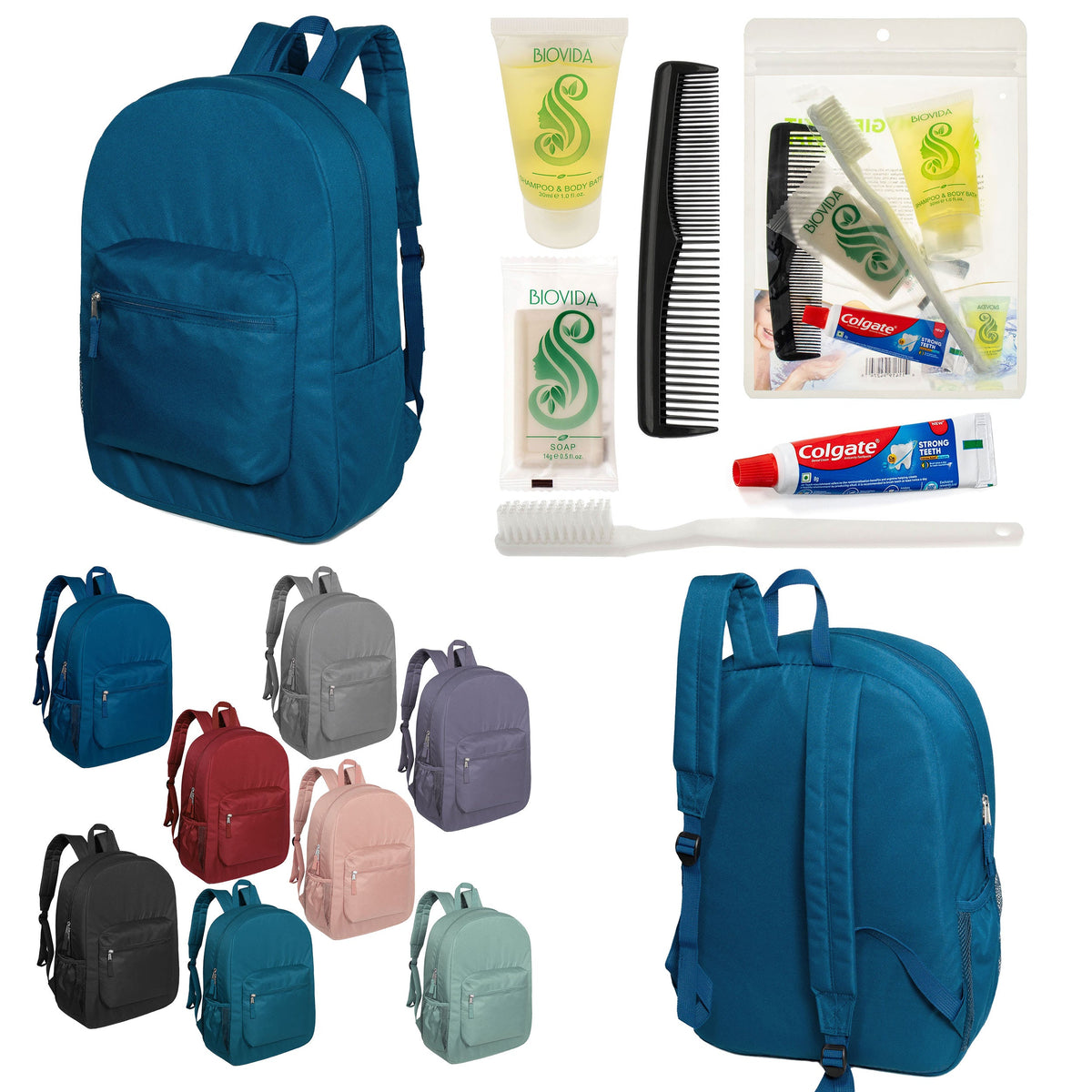 12 Padded Premium Quality 17" Backpacks & Your Choice of 12 Bulk Hygiene Kits - Wholesale Care Package: Homeless, Emergency, Charity