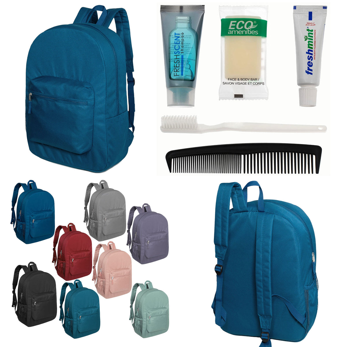 12 Padded Premium Quality 17" Backpacks & Your Choice of 12 Bulk Hygiene Kits - Wholesale Care Package: Homeless, Emergency, Charity