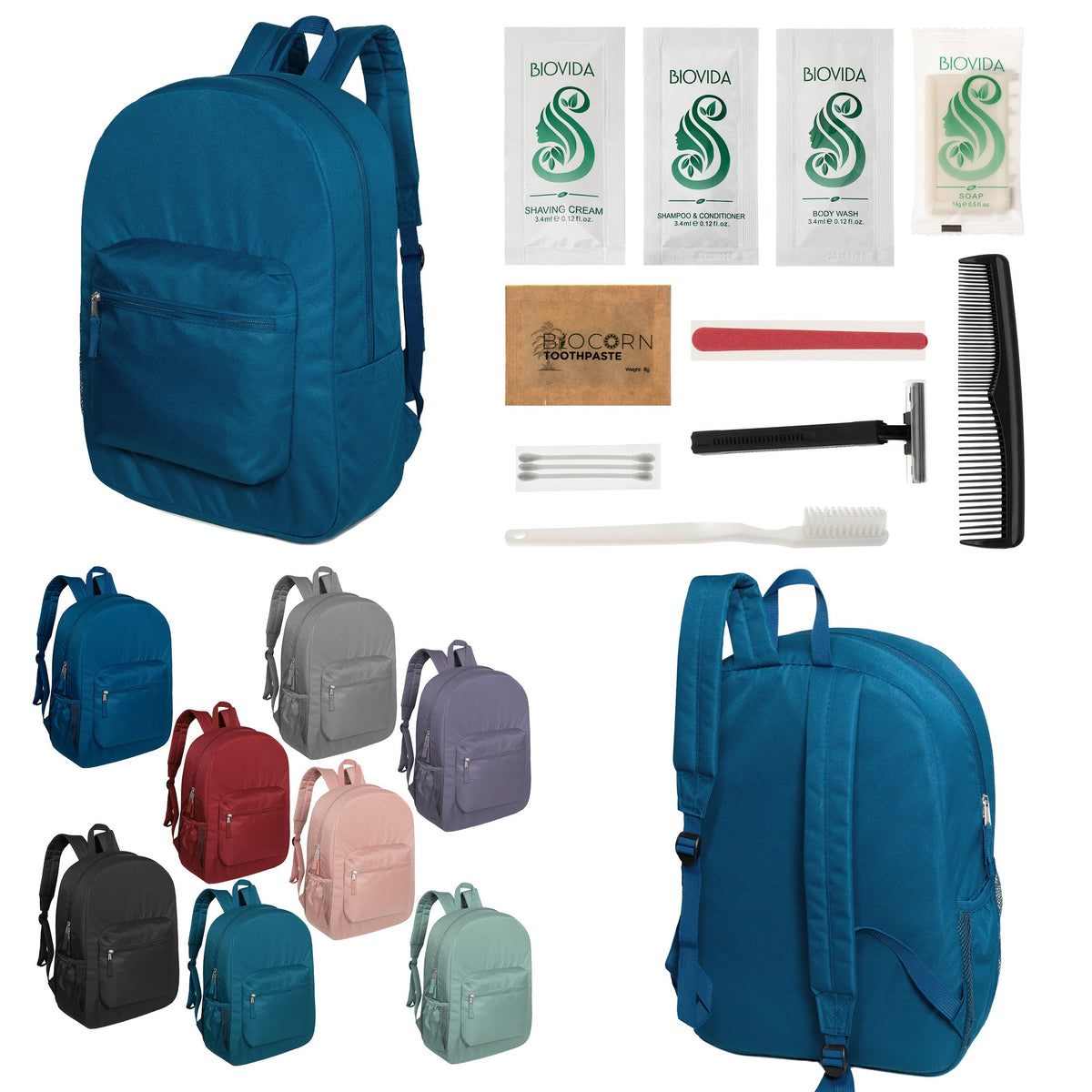 12 Padded Premium Quality 17" Backpacks & Your Choice of 12 Bulk Hygiene Kits - Wholesale Care Package: Homeless, Emergency, Charity