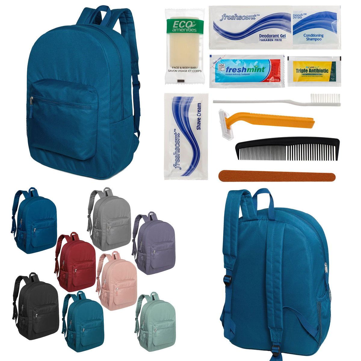 12 Padded Premium Quality 17" Backpacks & Your Choice of 12 Bulk Hygiene Kits - Wholesale Care Package: Homeless, Emergency, Charity