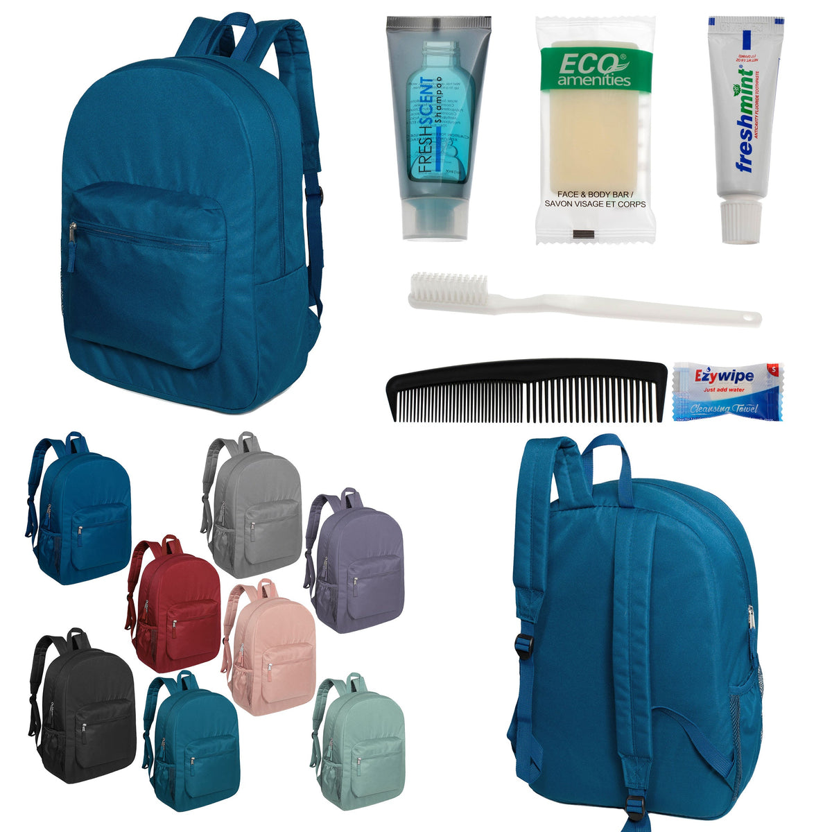 12 Padded Premium Quality 17" Backpacks & Your Choice of 12 Bulk Hygiene Kits - Wholesale Care Package: Homeless, Emergency, Charity