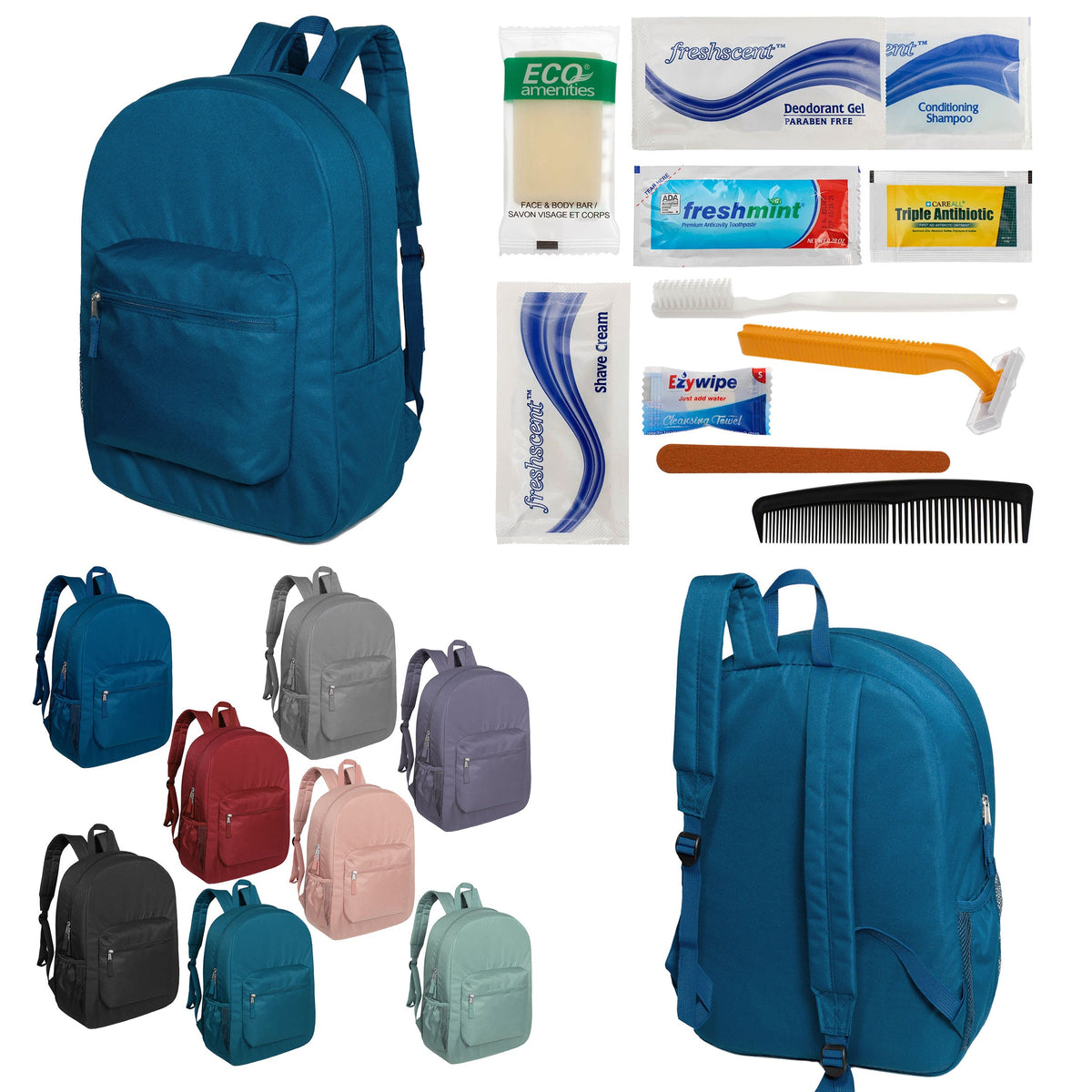 12 Padded Premium Quality 17" Backpacks & Your Choice of 12 Bulk Hygiene Kits - Wholesale Care Package: Homeless, Emergency, Charity