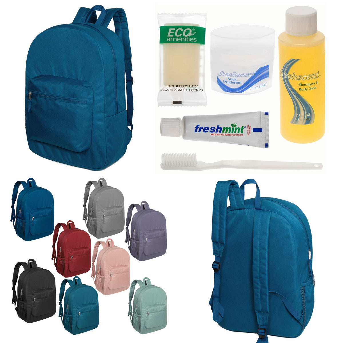 12 Padded Premium Quality 17" Backpacks & Your Choice of 12 Bulk Hygiene Kits - Wholesale Care Package: Homeless, Emergency, Charity