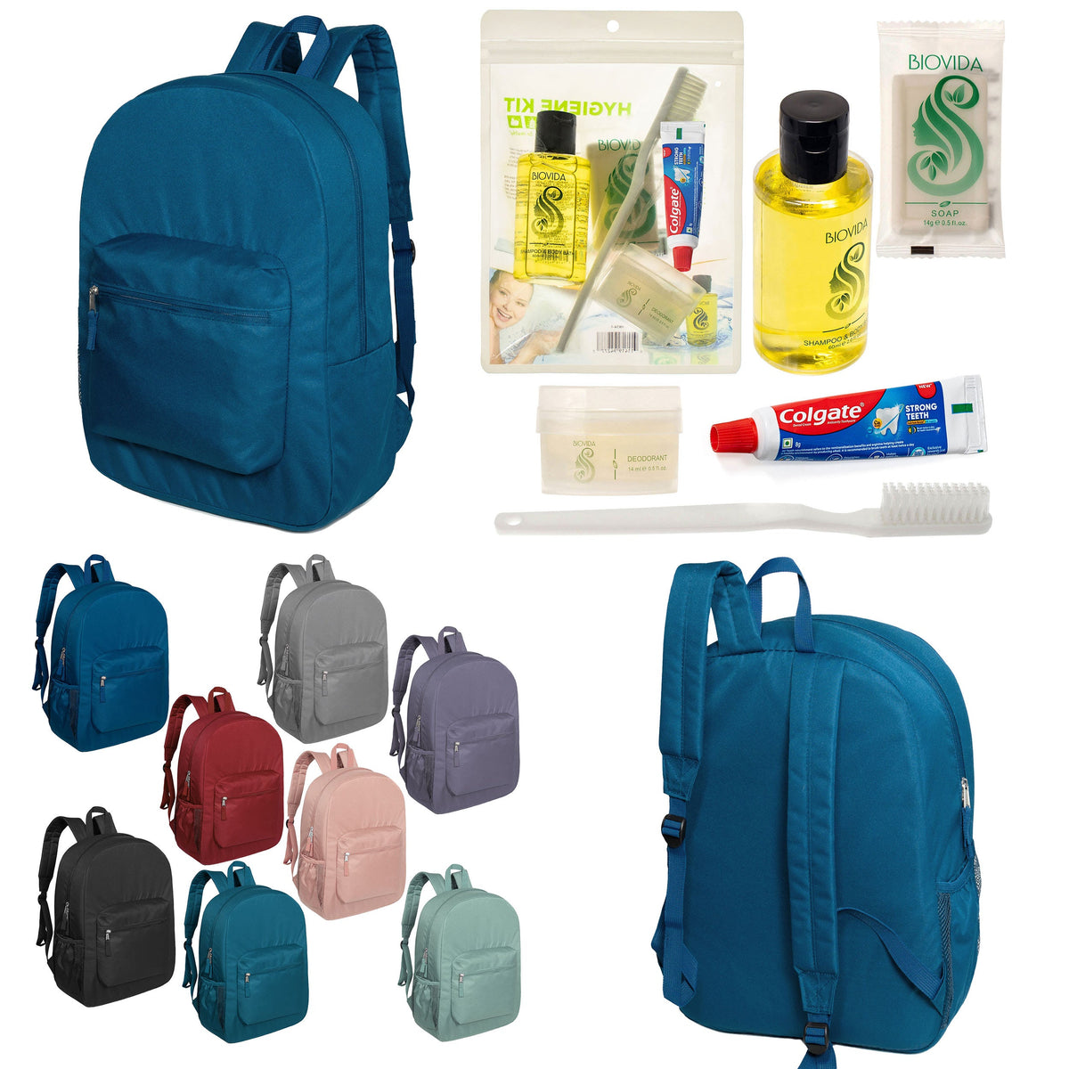 12 Padded Premium Quality 17" Backpacks & Your Choice of 12 Bulk Hygiene Kits - Wholesale Care Package: Homeless, Emergency, Charity