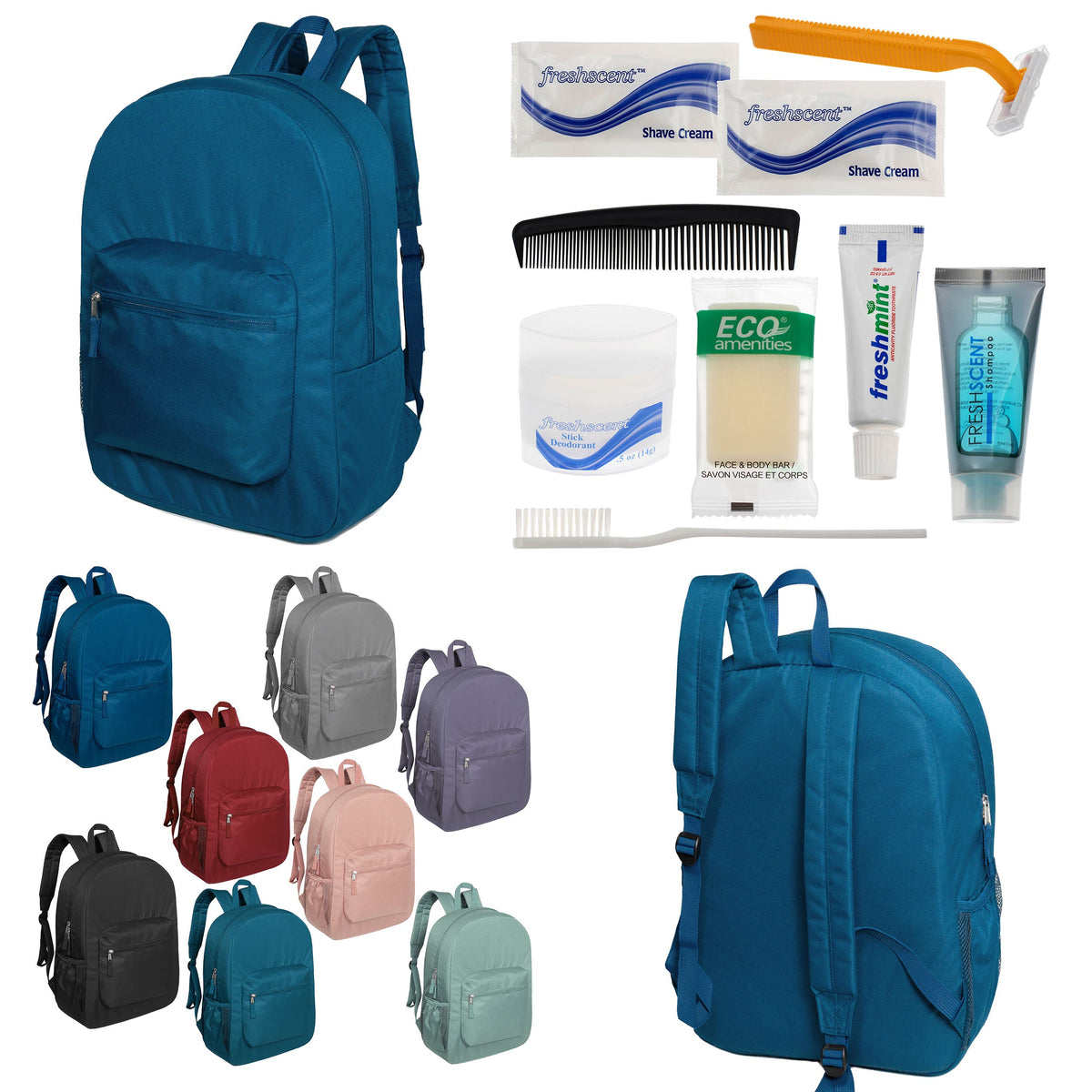 12 Padded Premium Quality 17" Backpacks & Your Choice of 12 Bulk Hygiene Kits - Wholesale Care Package: Homeless, Emergency, Charity