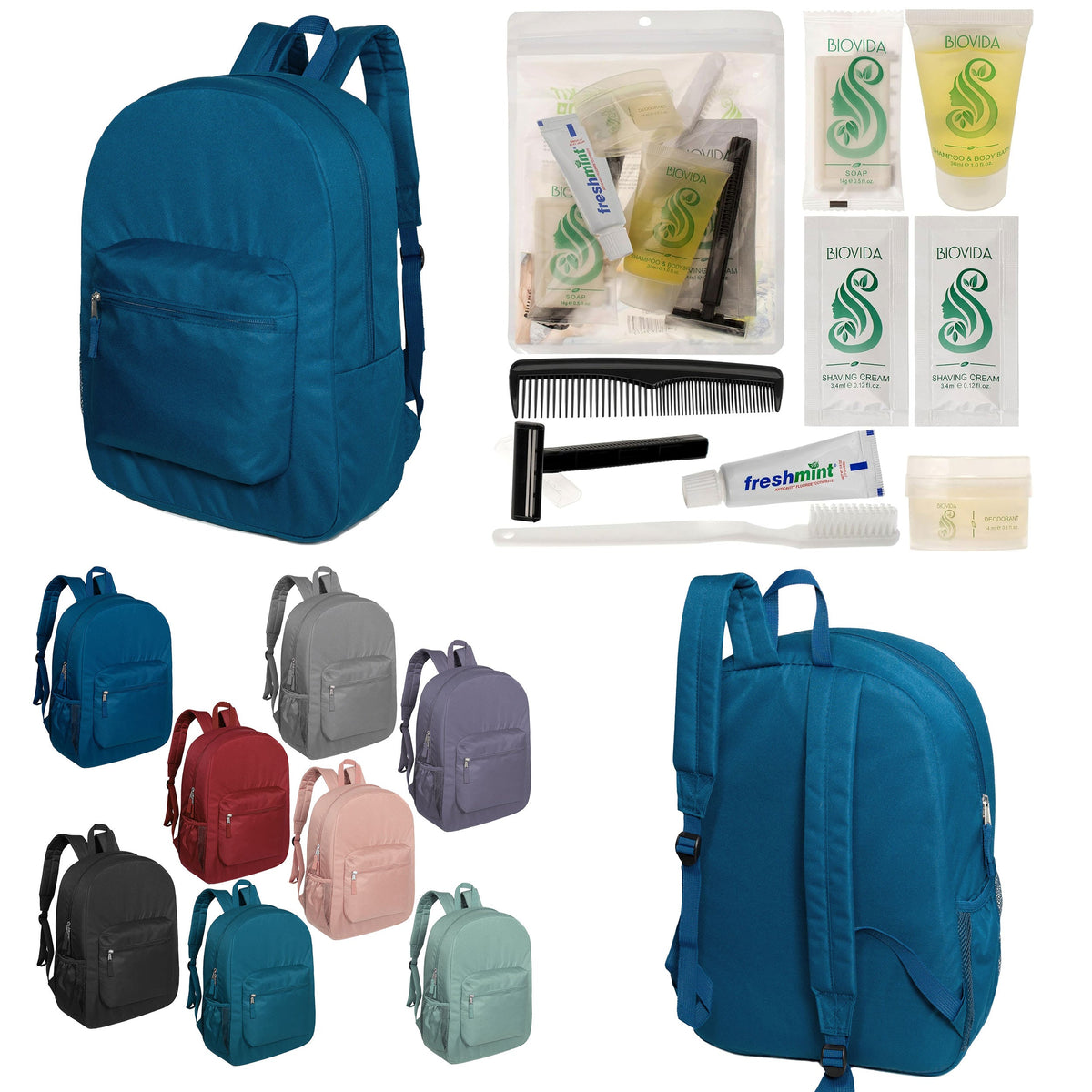 12 Padded Premium Quality 17" Backpacks & Your Choice of 12 Bulk Hygiene Kits - Wholesale Care Package: Homeless, Emergency, Charity