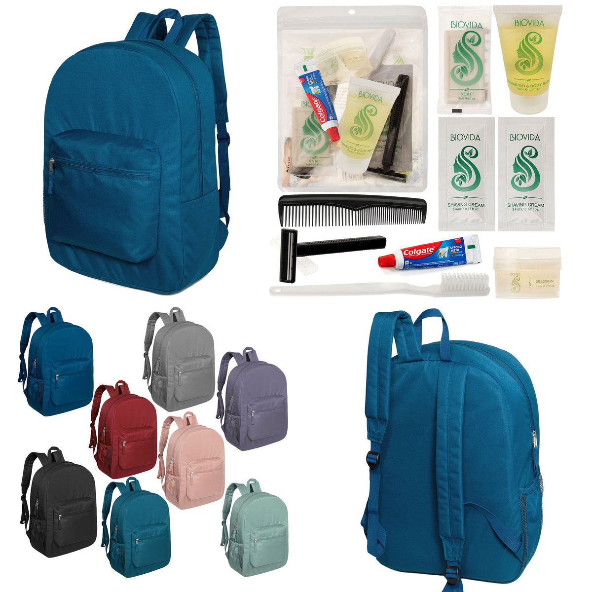 12 Padded Premium Quality 17" Backpacks & Your Choice of 12 Bulk Hygiene Kits - Wholesale Care Package: Homeless, Emergency, Charity