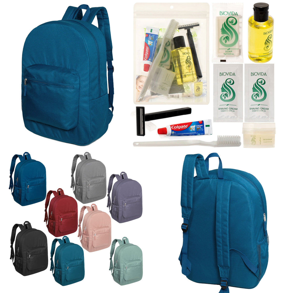 12 Padded Premium Quality 17" Backpacks & Your Choice of 12 Bulk Hygiene Kits - Wholesale Care Package: Homeless, Emergency, Charity