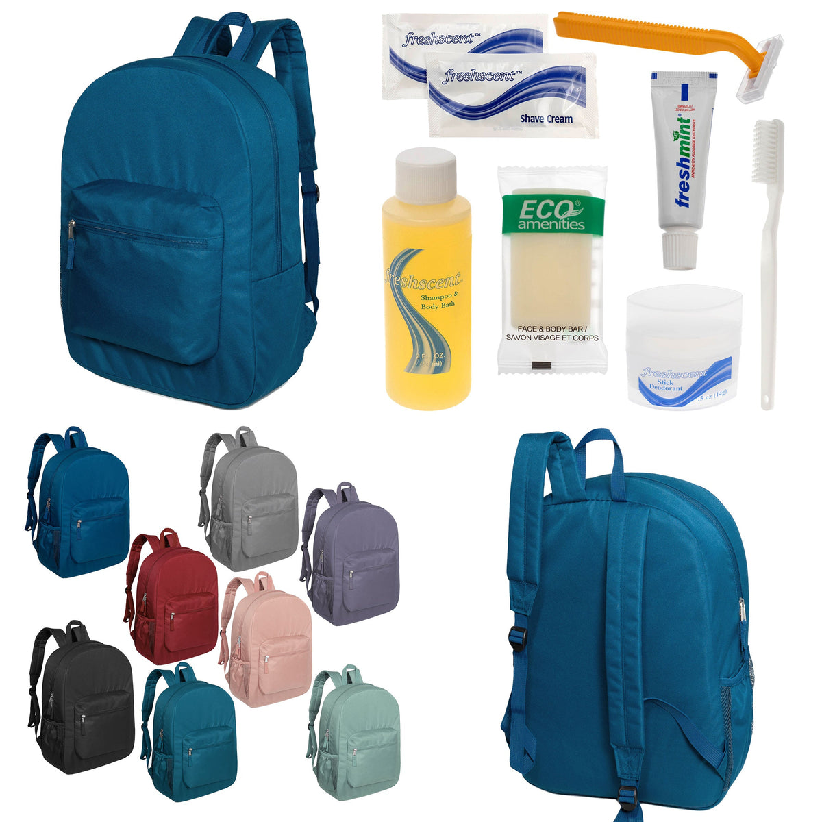 12 Padded Premium Quality 17" Backpacks & Your Choice of 12 Bulk Hygiene Kits - Wholesale Care Package: Homeless, Emergency, Charity