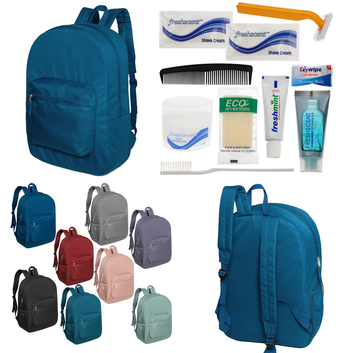 12 Padded Premium Quality 17" Backpacks & Your Choice of 12 Bulk Hygiene Kits - Wholesale Care Package: Homeless, Emergency, Charity