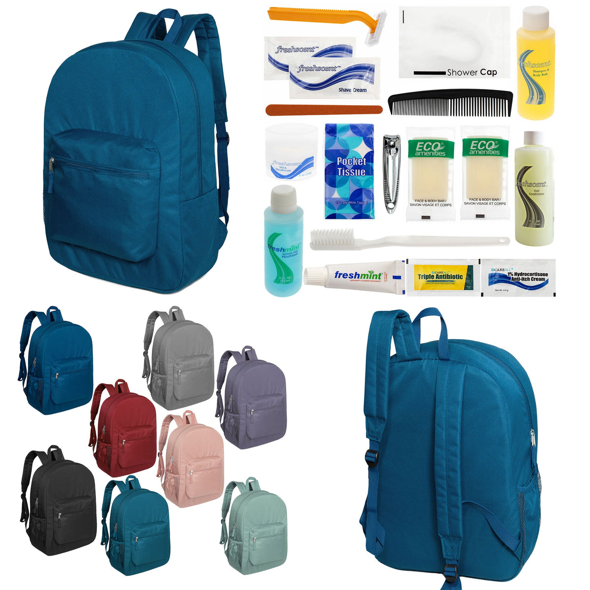 12 Padded Premium Quality 17" Backpacks & Your Choice of 12 Bulk Hygiene Kits - Wholesale Care Package: Homeless, Emergency, Charity