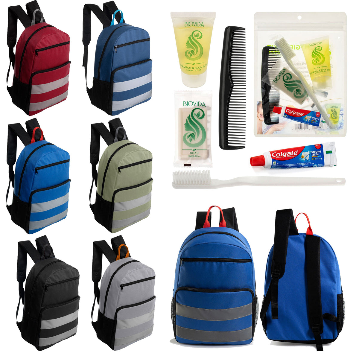 12 Reflective Strip 17" Backpacks with Side Pockets & Your Choice of 12 Bulk Hygiene Kits - Wholesale Care Package: Homeless, Emergency, Charity