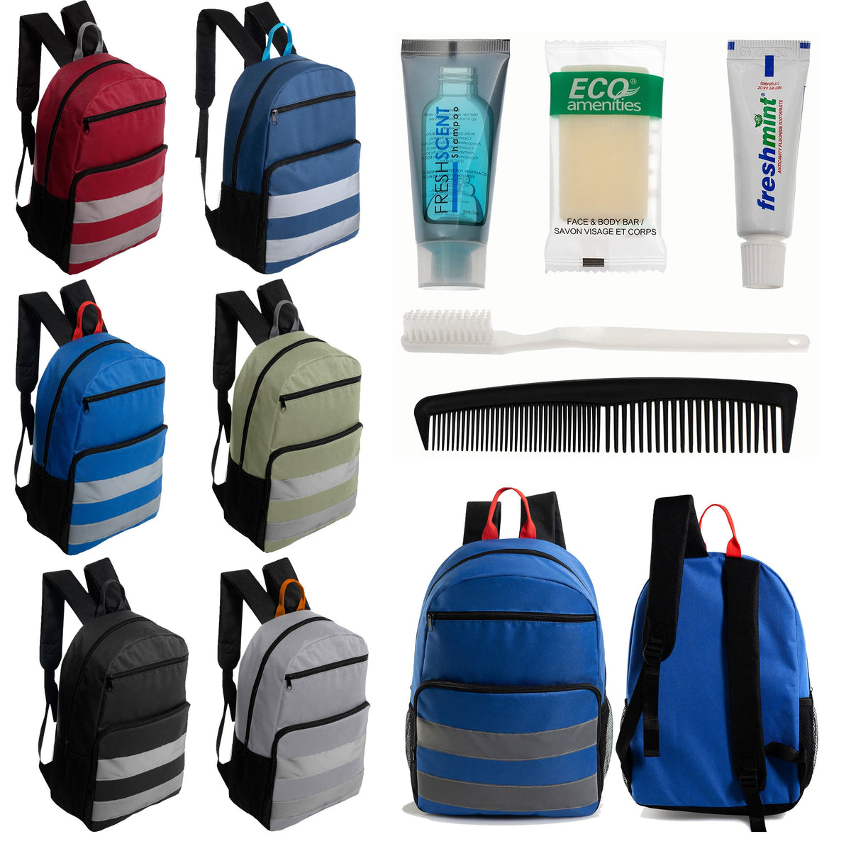 12 Reflective Strip 17" Backpacks with Side Pockets & Your Choice of 12 Bulk Hygiene Kits - Wholesale Care Package: Homeless, Emergency, Charity