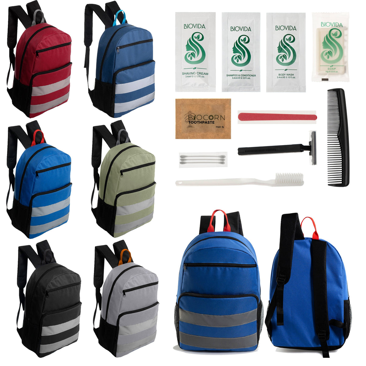 12 Reflective Strip 17" Backpacks with Side Pockets & Your Choice of 12 Bulk Hygiene Kits - Wholesale Care Package: Homeless, Emergency, Charity