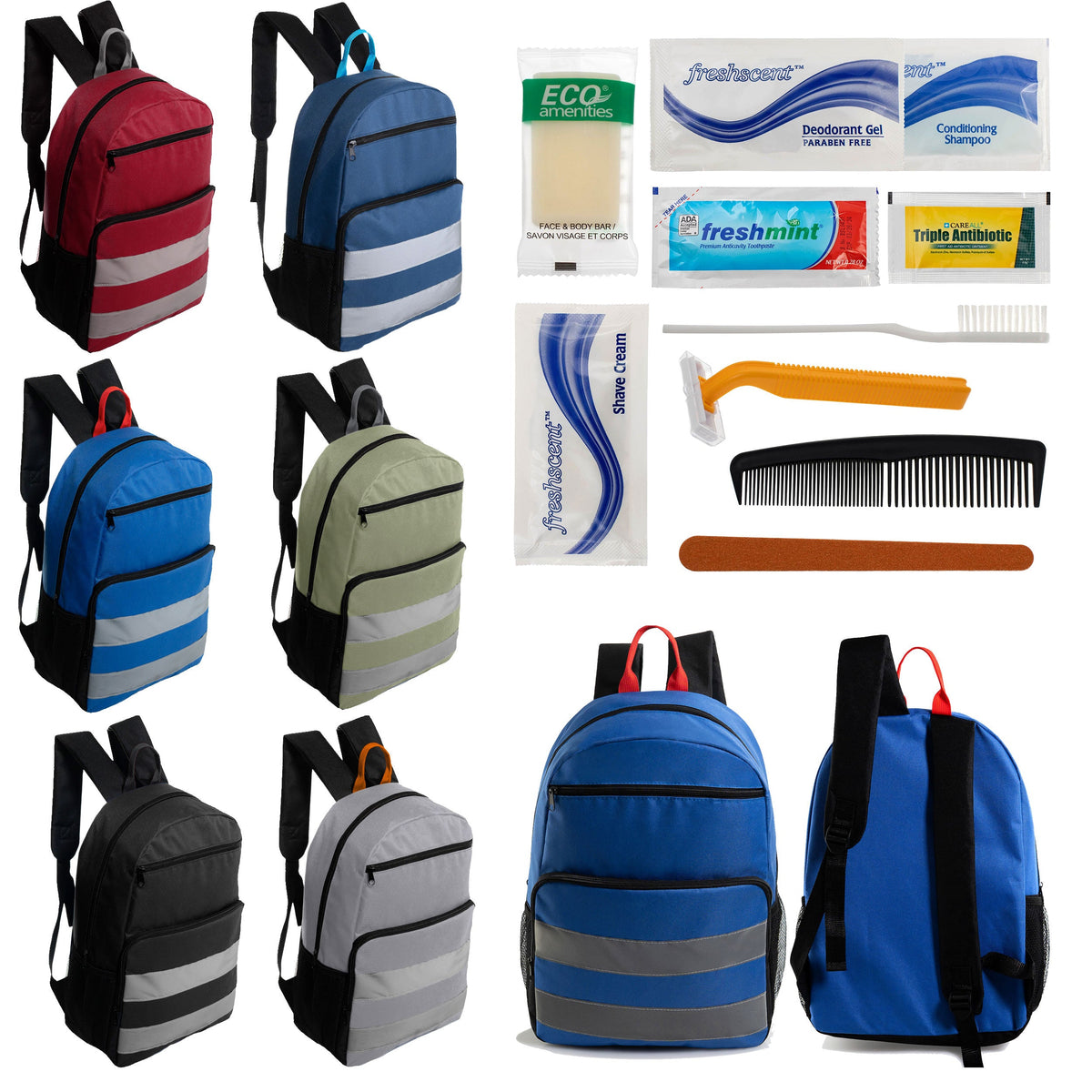 12 Reflective Strip 17" Backpacks with Side Pockets & Your Choice of 12 Bulk Hygiene Kits - Wholesale Care Package: Homeless, Emergency, Charity