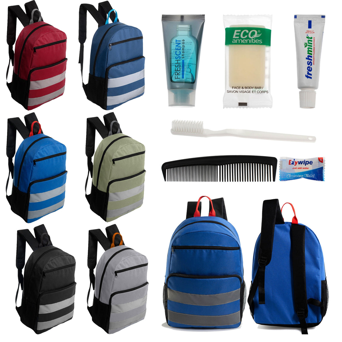 12 Reflective Strip 17" Backpacks with Side Pockets & Your Choice of 12 Bulk Hygiene Kits - Wholesale Care Package: Homeless, Emergency, Charity