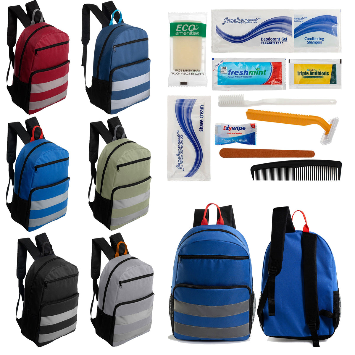 12 Reflective Strip 17" Backpacks with Side Pockets & Your Choice of 12 Bulk Hygiene Kits - Wholesale Care Package: Homeless, Emergency, Charity
