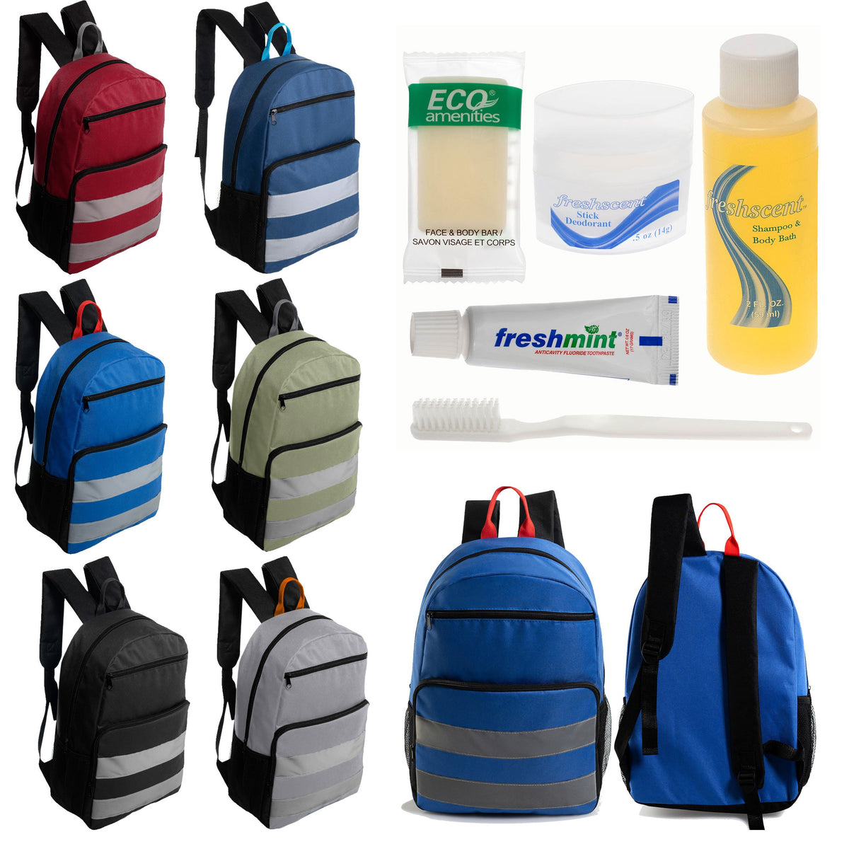 12 Reflective Strip 17" Backpacks with Side Pockets & Your Choice of 12 Bulk Hygiene Kits - Wholesale Care Package: Homeless, Emergency, Charity