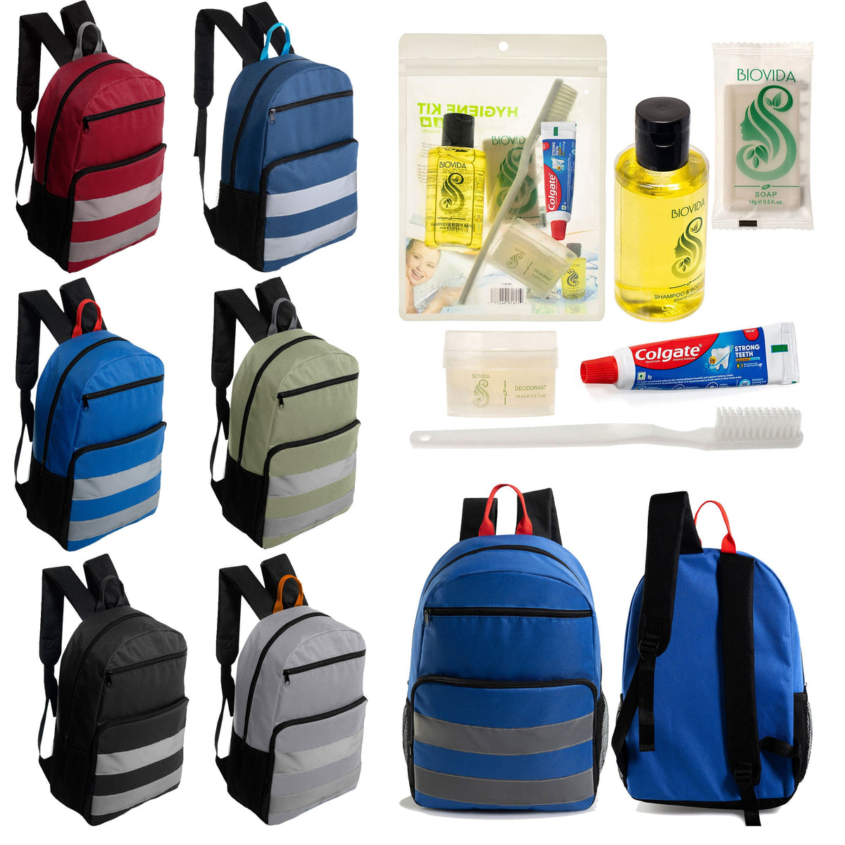12 Reflective Strip 17" Backpacks with Side Pockets & Your Choice of 12 Bulk Hygiene Kits - Wholesale Care Package: Homeless, Emergency, Charity