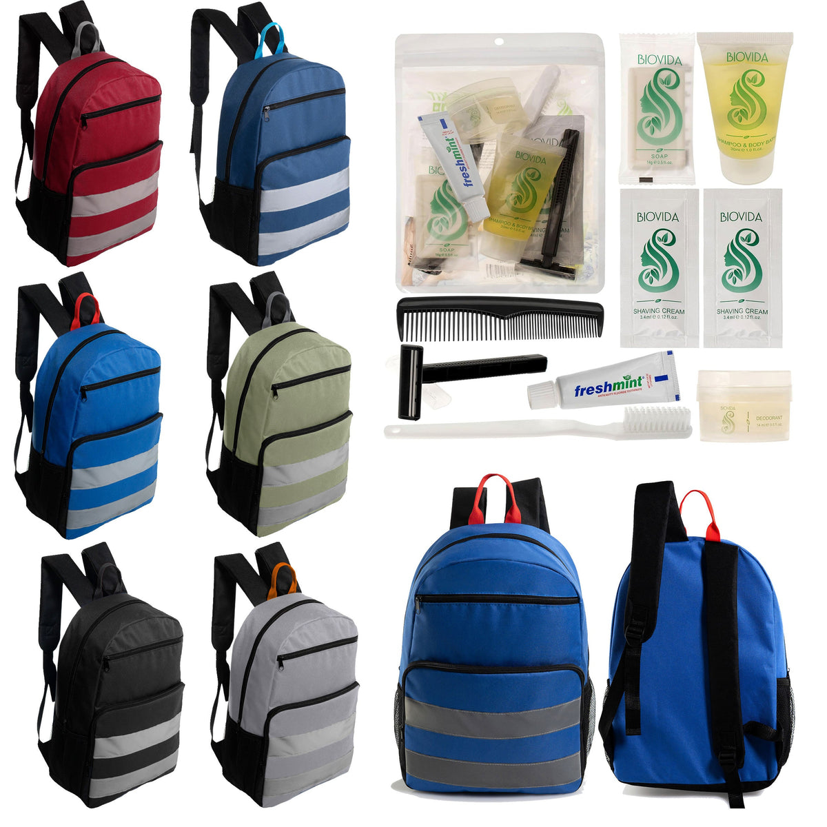 12 Reflective Strip 17" Backpacks with Side Pockets & Your Choice of 12 Bulk Hygiene Kits - Wholesale Care Package: Homeless, Emergency, Charity