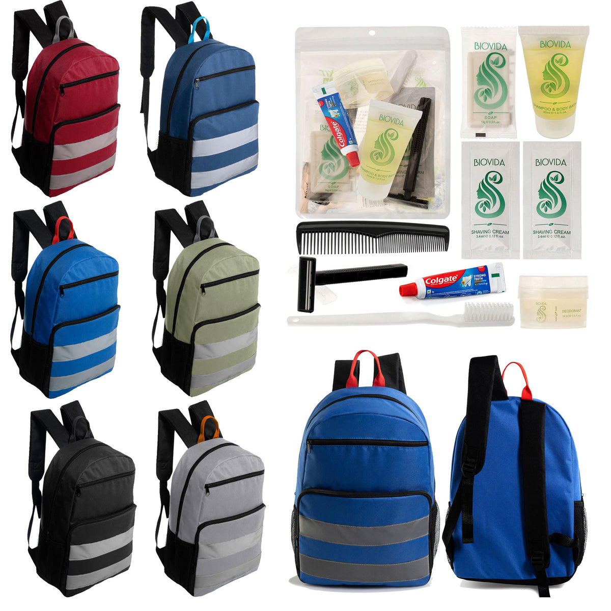 12 Reflective Strip 17" Backpacks with Side Pockets & Your Choice of 12 Bulk Hygiene Kits - Wholesale Care Package: Homeless, Emergency, Charity