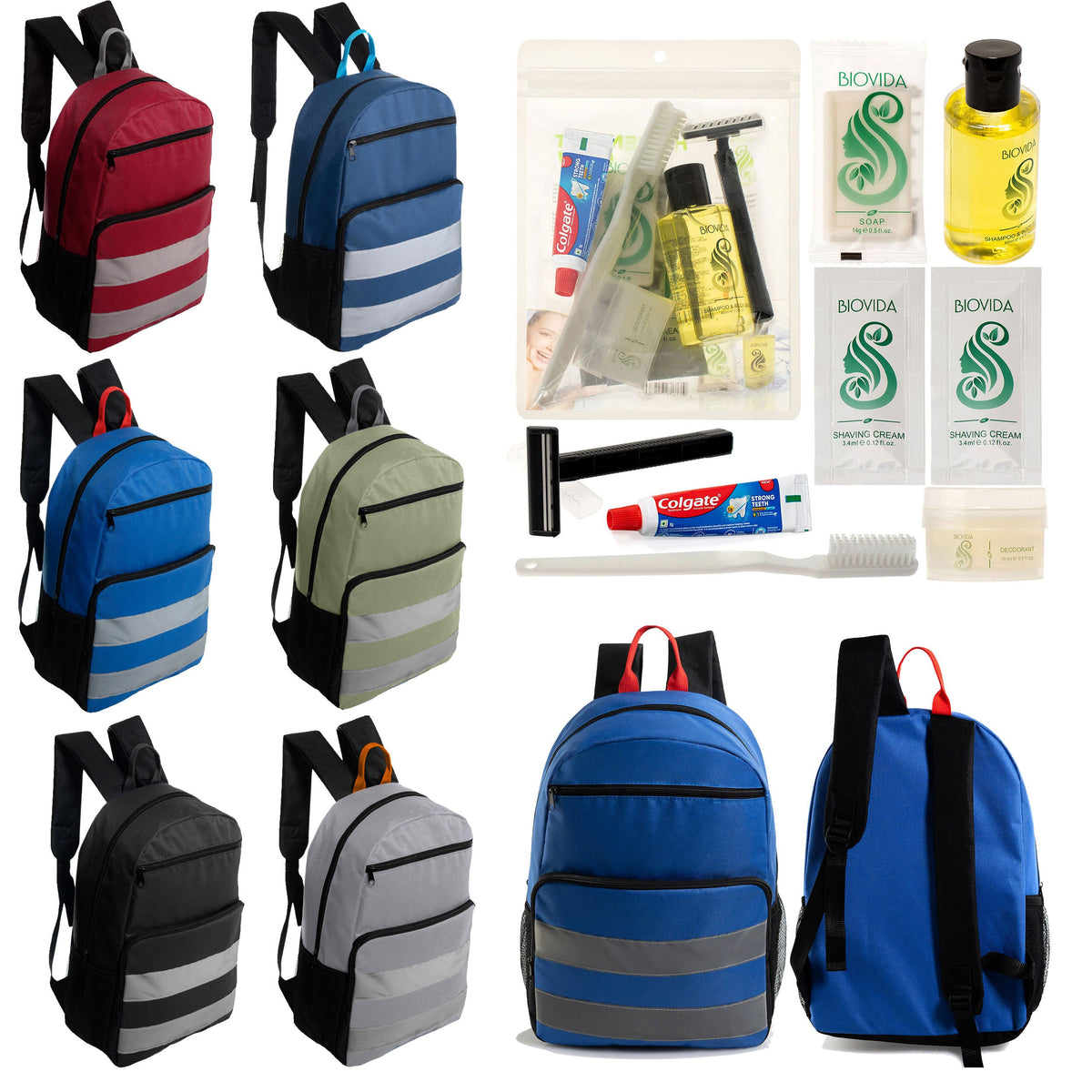 12 Reflective Strip 17" Backpacks with Side Pockets & Your Choice of 12 Bulk Hygiene Kits - Wholesale Care Package: Homeless, Emergency, Charity