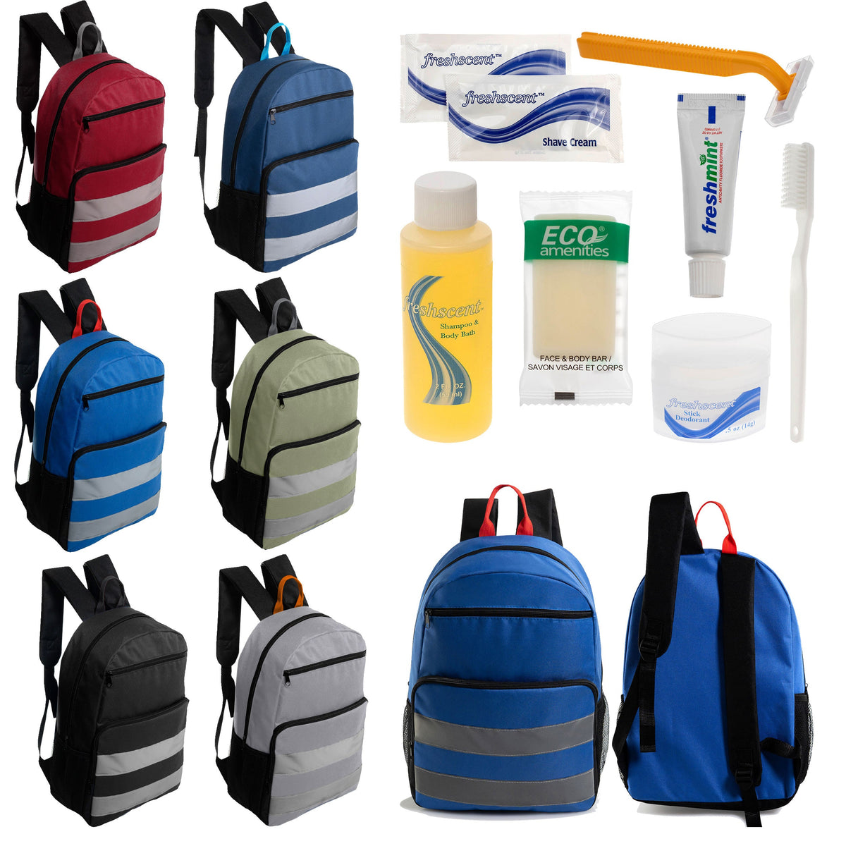 12 Reflective Strip 17" Backpacks with Side Pockets & Your Choice of 12 Bulk Hygiene Kits - Wholesale Care Package: Homeless, Emergency, Charity