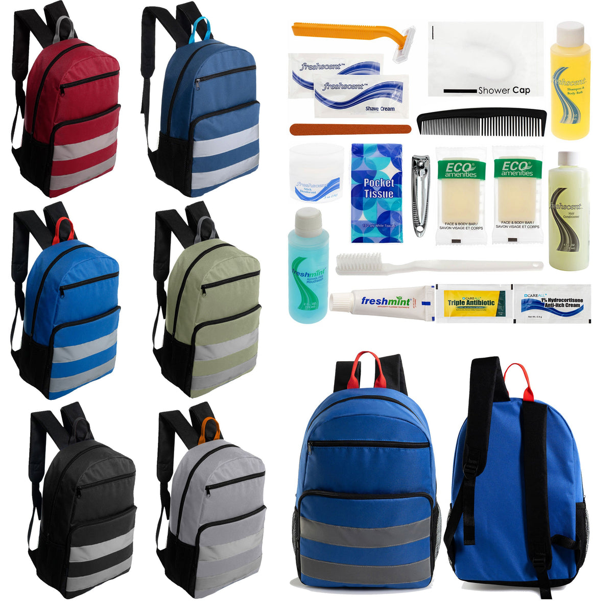 12 Reflective Strip 17" Backpacks with Side Pockets & Your Choice of 12 Bulk Hygiene Kits - Wholesale Care Package: Homeless, Emergency, Charity