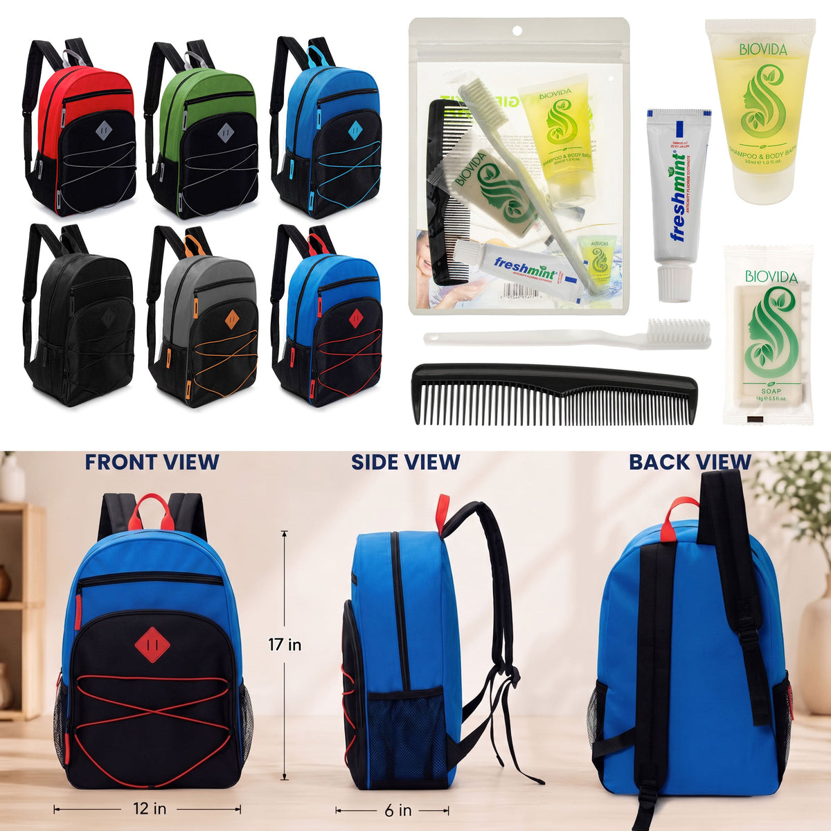 12 Bungee Style 17" Backpacks w/Side Pockets & Your Choice of 12 Bulk Hygiene Kits - Wholesale Care Package: Homeless, Emergency, Charity