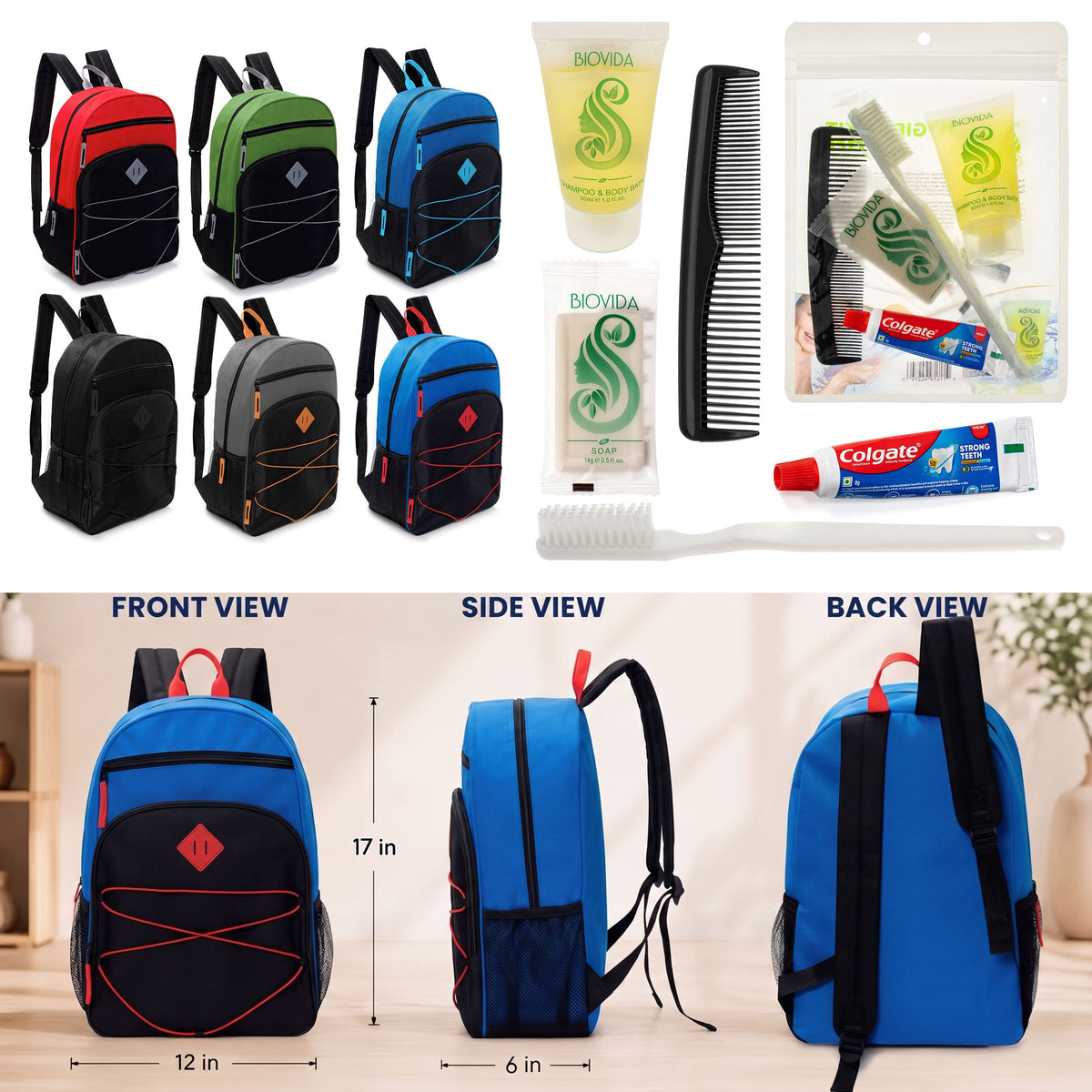 12 Bungee Style 17" Backpacks w/Side Pockets & Your Choice of 12 Bulk Hygiene Kits - Wholesale Care Package: Homeless, Emergency, Charity