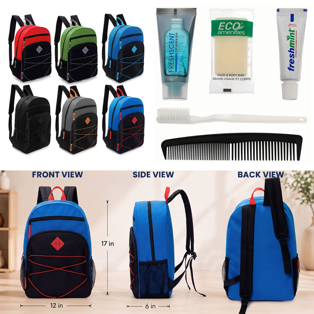 12 Bungee Style 17" Backpacks w/Side Pockets & Your Choice of 12 Bulk Hygiene Kits - Wholesale Care Package: Homeless, Emergency, Charity