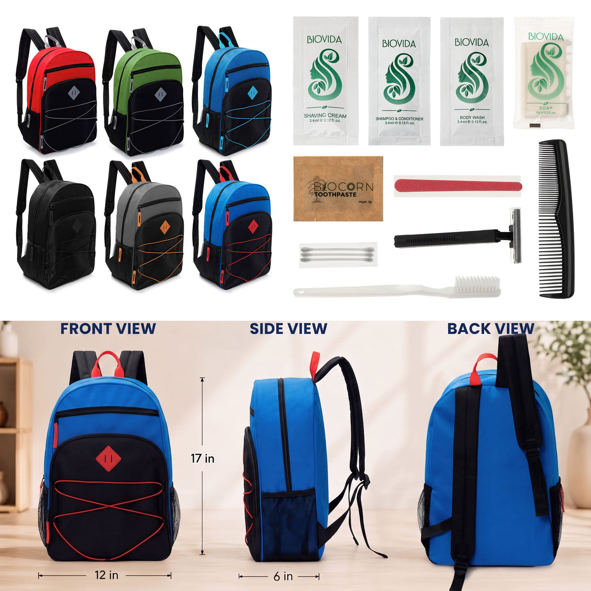 12 Bungee Style 17" Backpacks w/Side Pockets & Your Choice of 12 Bulk Hygiene Kits - Wholesale Care Package: Homeless, Emergency, Charity