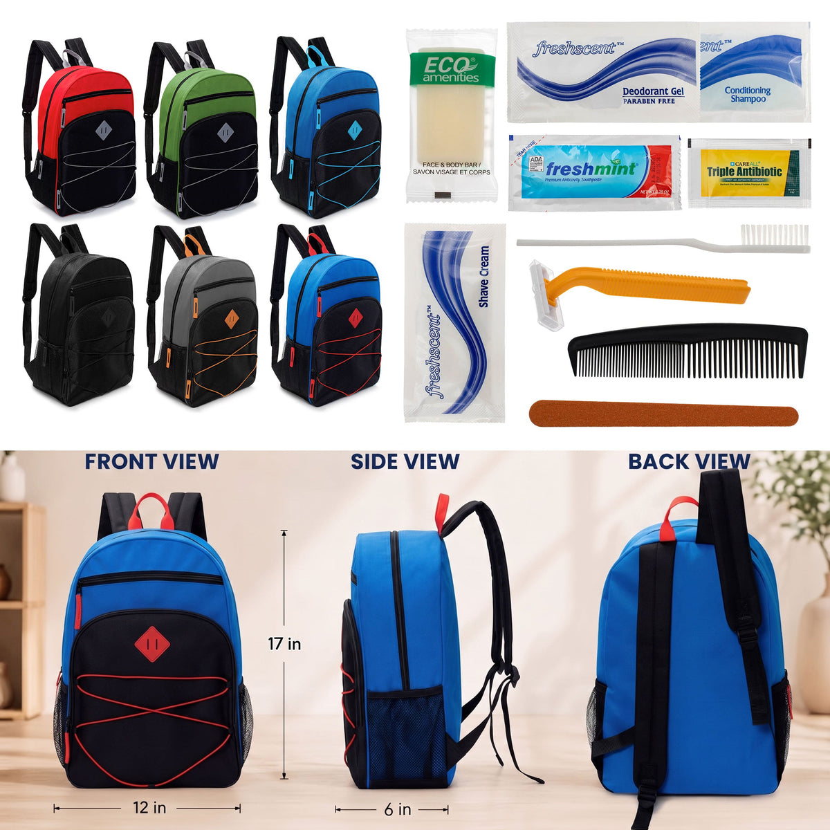 12 Bungee Style 17" Backpacks w/Side Pockets & Your Choice of 12 Bulk Hygiene Kits - Wholesale Care Package: Homeless, Emergency, Charity