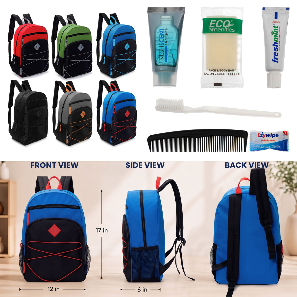12 Bungee Style 17" Backpacks w/Side Pockets & Your Choice of 12 Bulk Hygiene Kits - Wholesale Care Package: Homeless, Emergency, Charity