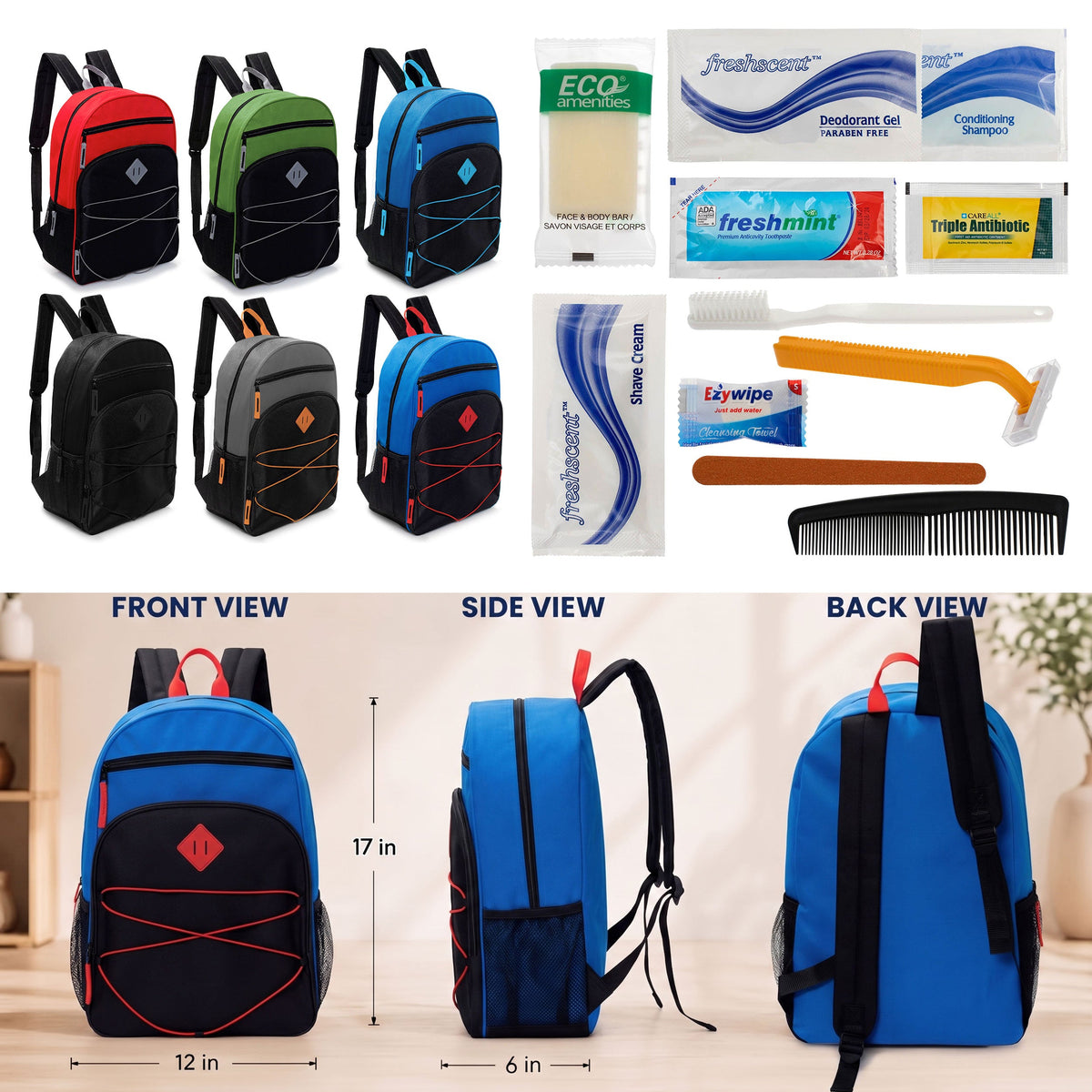 12 Bungee Style 17" Backpacks w/Side Pockets & Your Choice of 12 Bulk Hygiene Kits - Wholesale Care Package: Homeless, Emergency, Charity