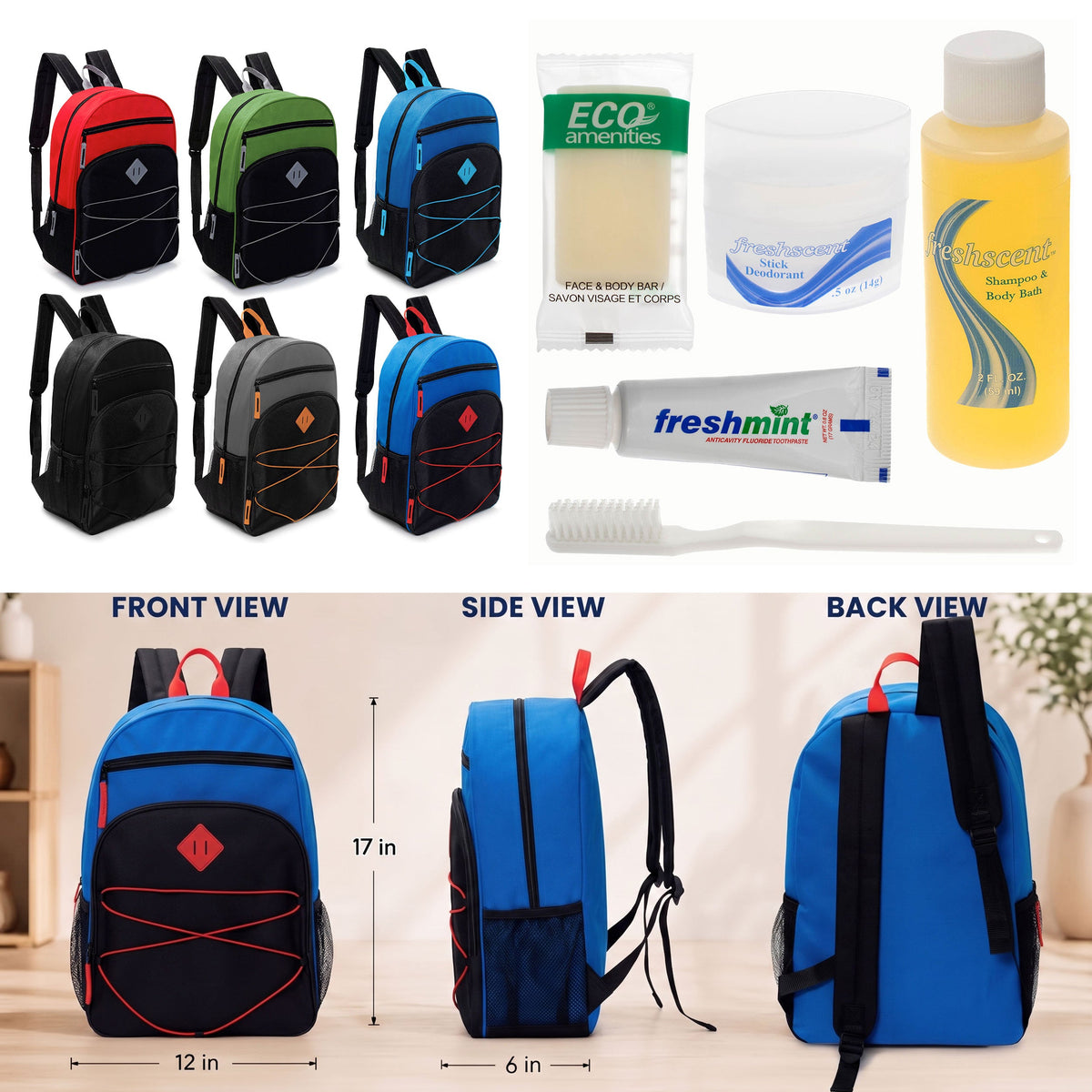 12 Bungee Style 17" Backpacks w/Side Pockets & Your Choice of 12 Bulk Hygiene Kits - Wholesale Care Package: Homeless, Emergency, Charity
