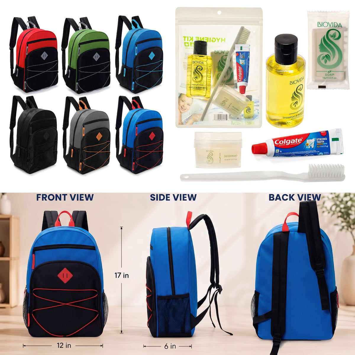 12 Bungee Style 17" Backpacks w/Side Pockets & Your Choice of 12 Bulk Hygiene Kits - Wholesale Care Package: Homeless, Emergency, Charity