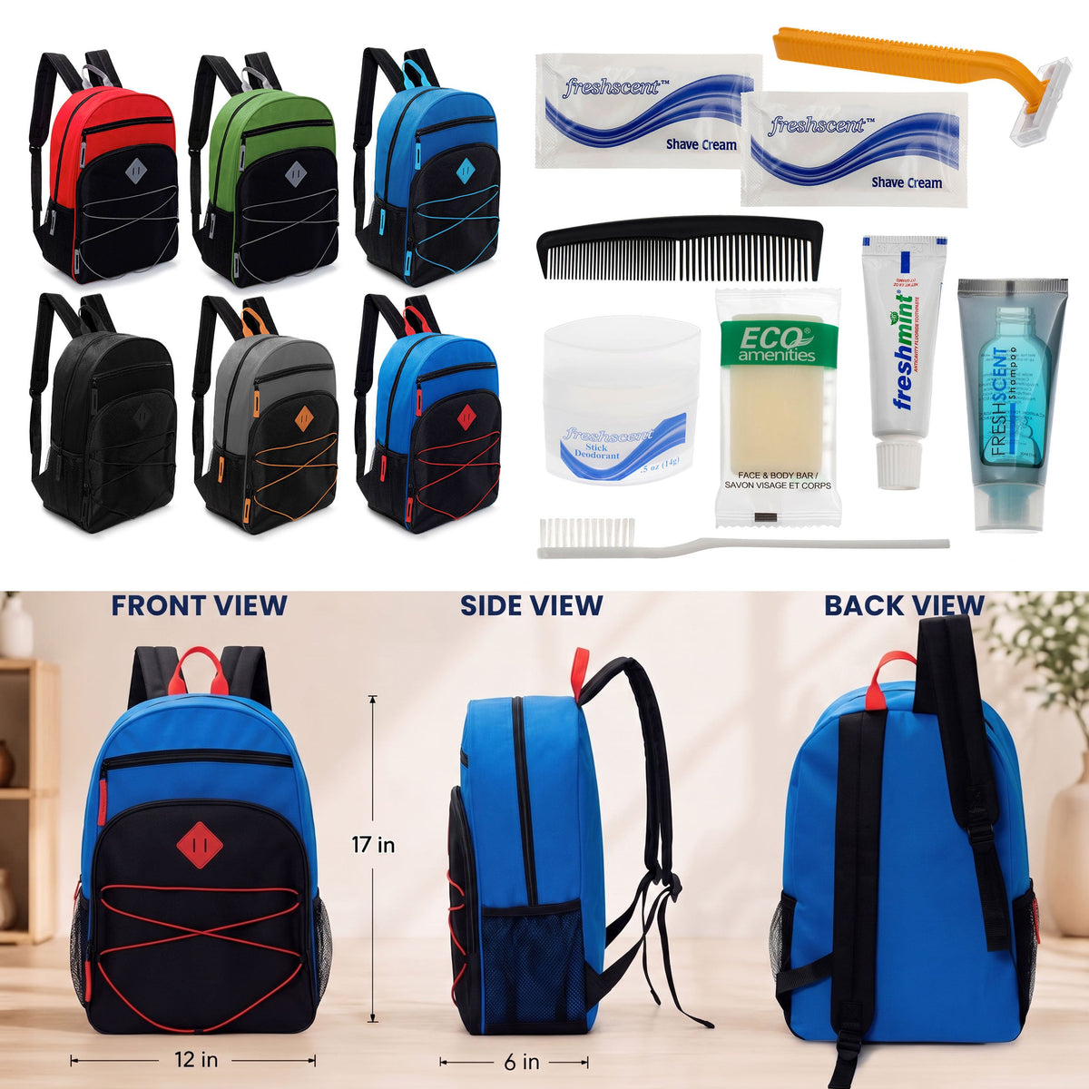 12 Bungee Style 17" Backpacks w/Side Pockets & Your Choice of 12 Bulk Hygiene Kits - Wholesale Care Package: Homeless, Emergency, Charity