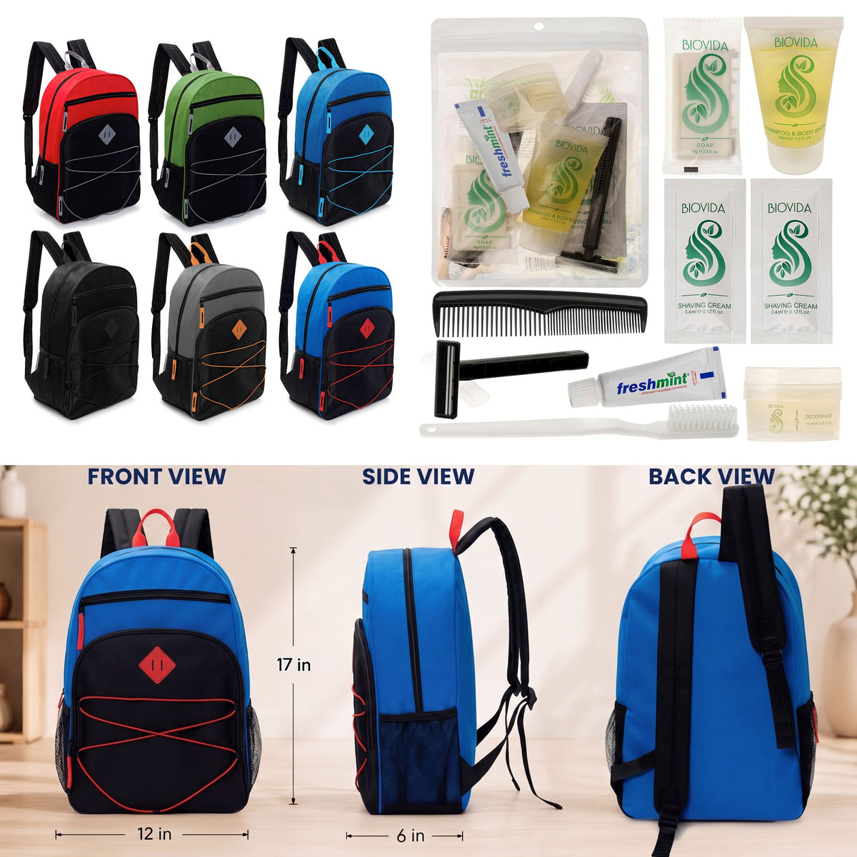 12 Bungee Style 17" Backpacks w/Side Pockets & Your Choice of 12 Bulk Hygiene Kits - Wholesale Care Package: Homeless, Emergency, Charity
