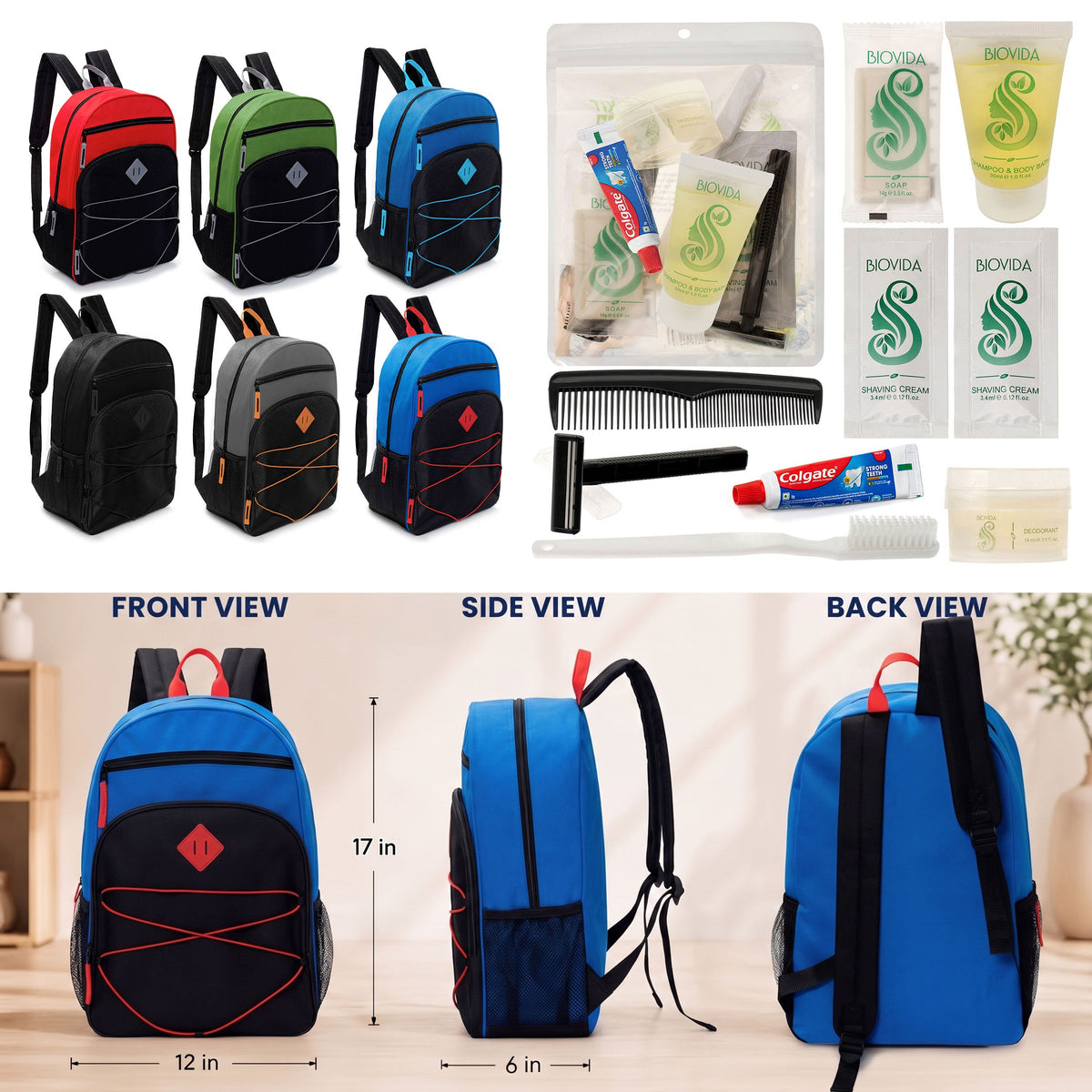 12 Bungee Style 17" Backpacks w/Side Pockets & Your Choice of 12 Bulk Hygiene Kits - Wholesale Care Package: Homeless, Emergency, Charity