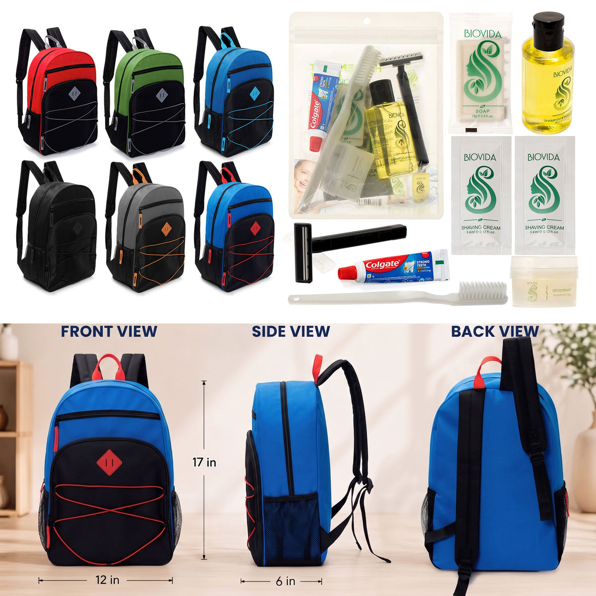 12 Bungee Style 17" Backpacks w/Side Pockets & Your Choice of 12 Bulk Hygiene Kits - Wholesale Care Package: Homeless, Emergency, Charity