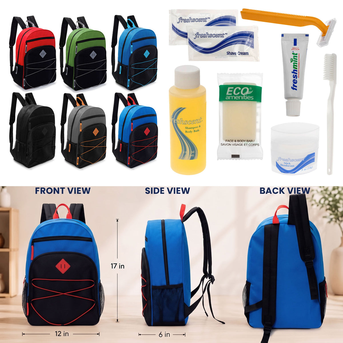 12 Bungee Style 17" Backpacks w/Side Pockets & Your Choice of 12 Bulk Hygiene Kits - Wholesale Care Package: Homeless, Emergency, Charity