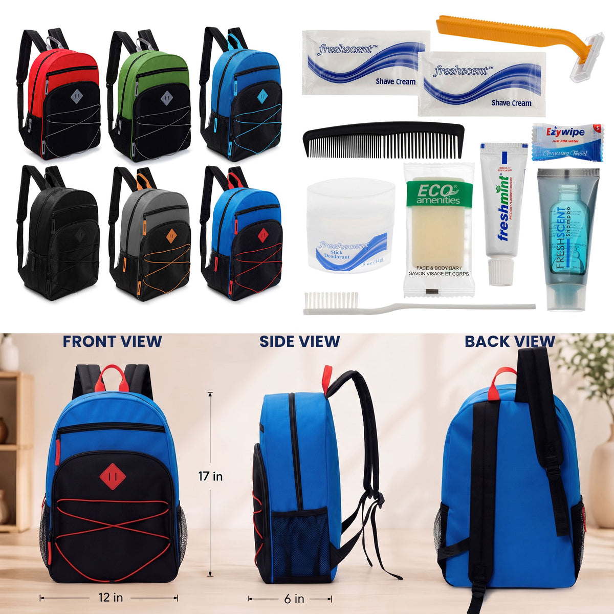12 Bungee Style 17" Backpacks w/Side Pockets & Your Choice of 12 Bulk Hygiene Kits - Wholesale Care Package: Homeless, Emergency, Charity
