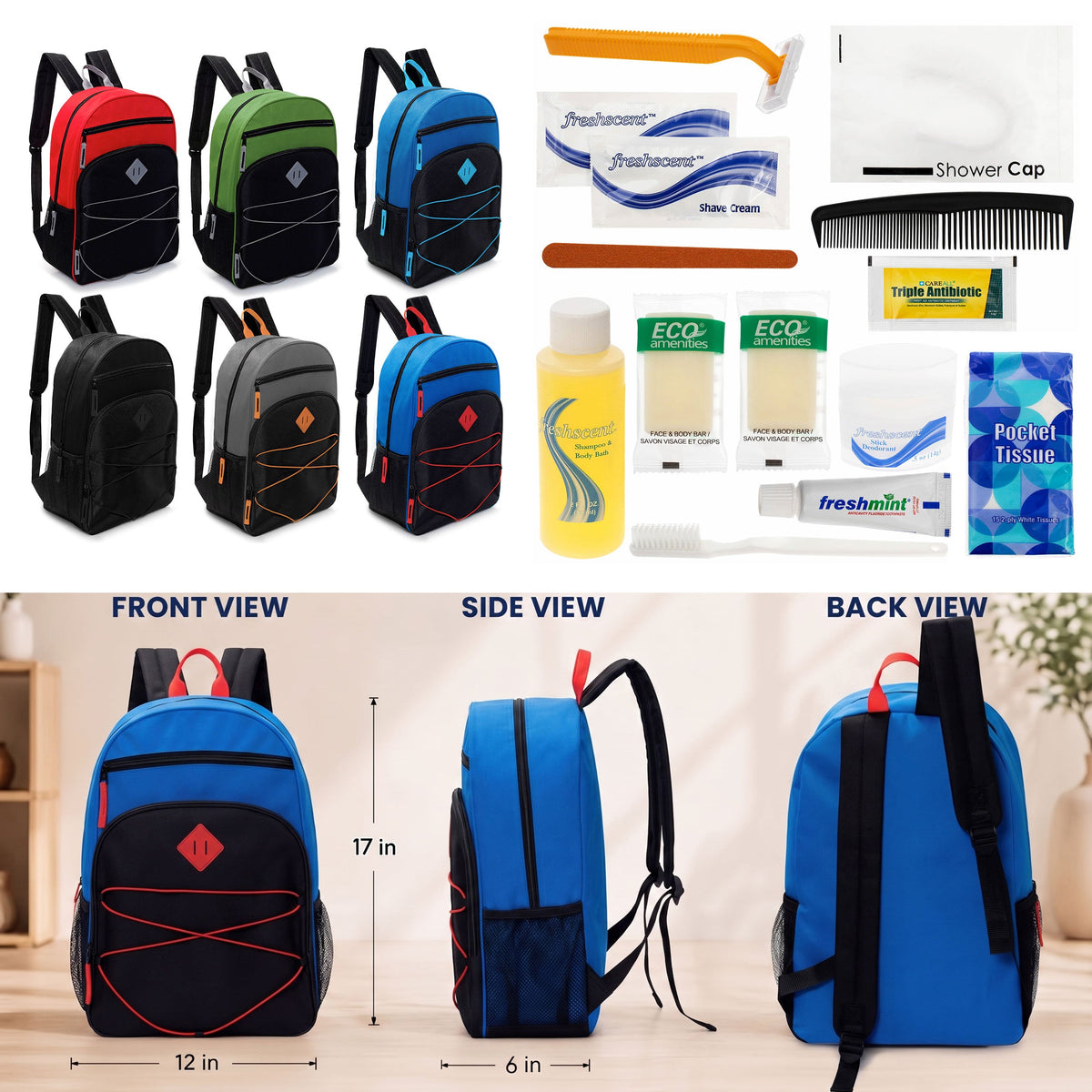12 Bungee Style 17" Backpacks w/Side Pockets & Your Choice of 12 Bulk Hygiene Kits - Wholesale Care Package: Homeless, Emergency, Charity
