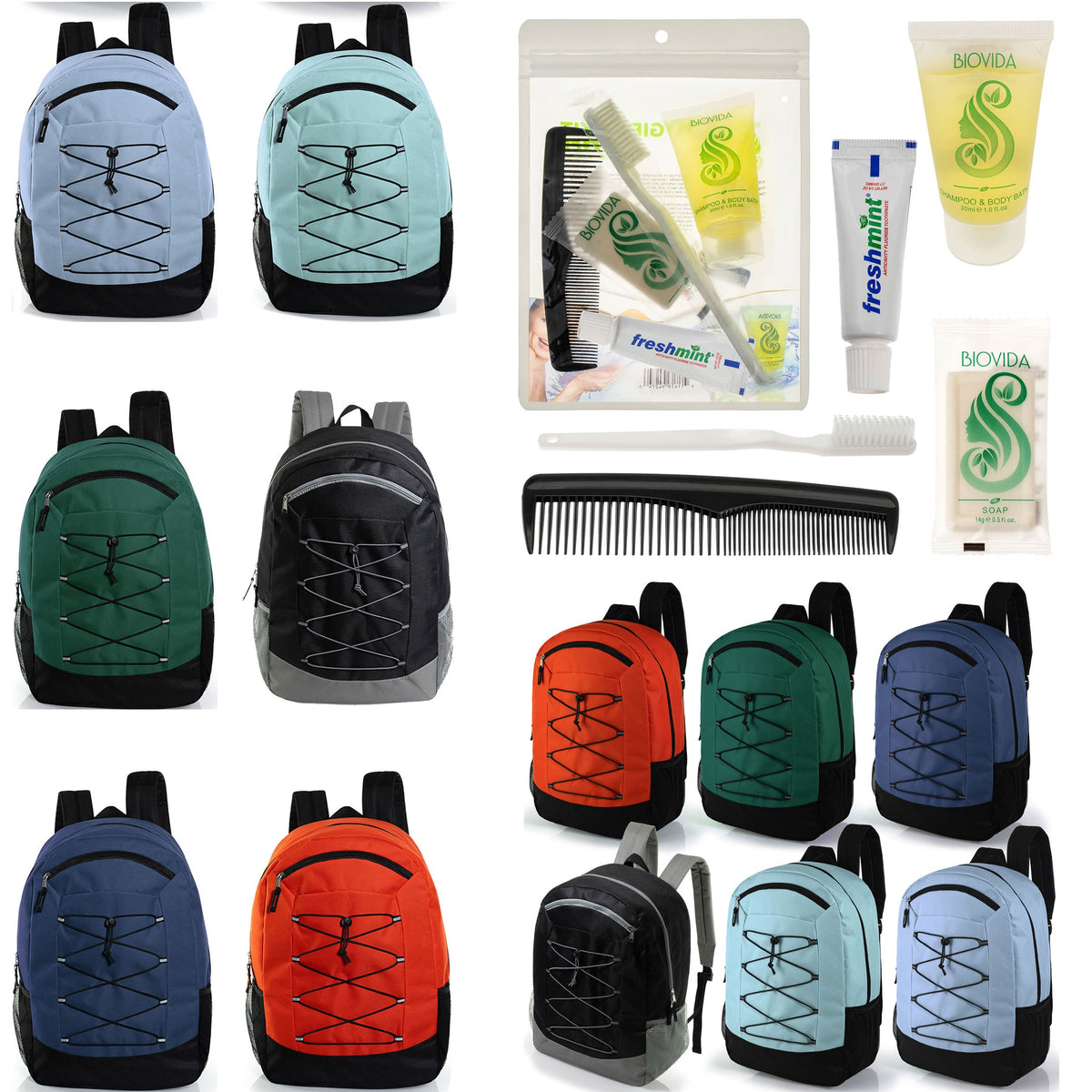 12 Deluxe Padded Large 19" Backpacks with a Laptop Sleeve & Your Choice of 12 Bulk Hygiene Kits - Wholesale Care Package: Homeless, Emergency, Charity