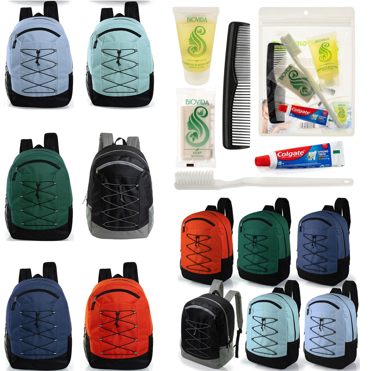 12 Deluxe Padded Large 19" Backpacks with a Laptop Sleeve & Your Choice of 12 Bulk Hygiene Kits - Wholesale Care Package: Homeless, Emergency, Charity