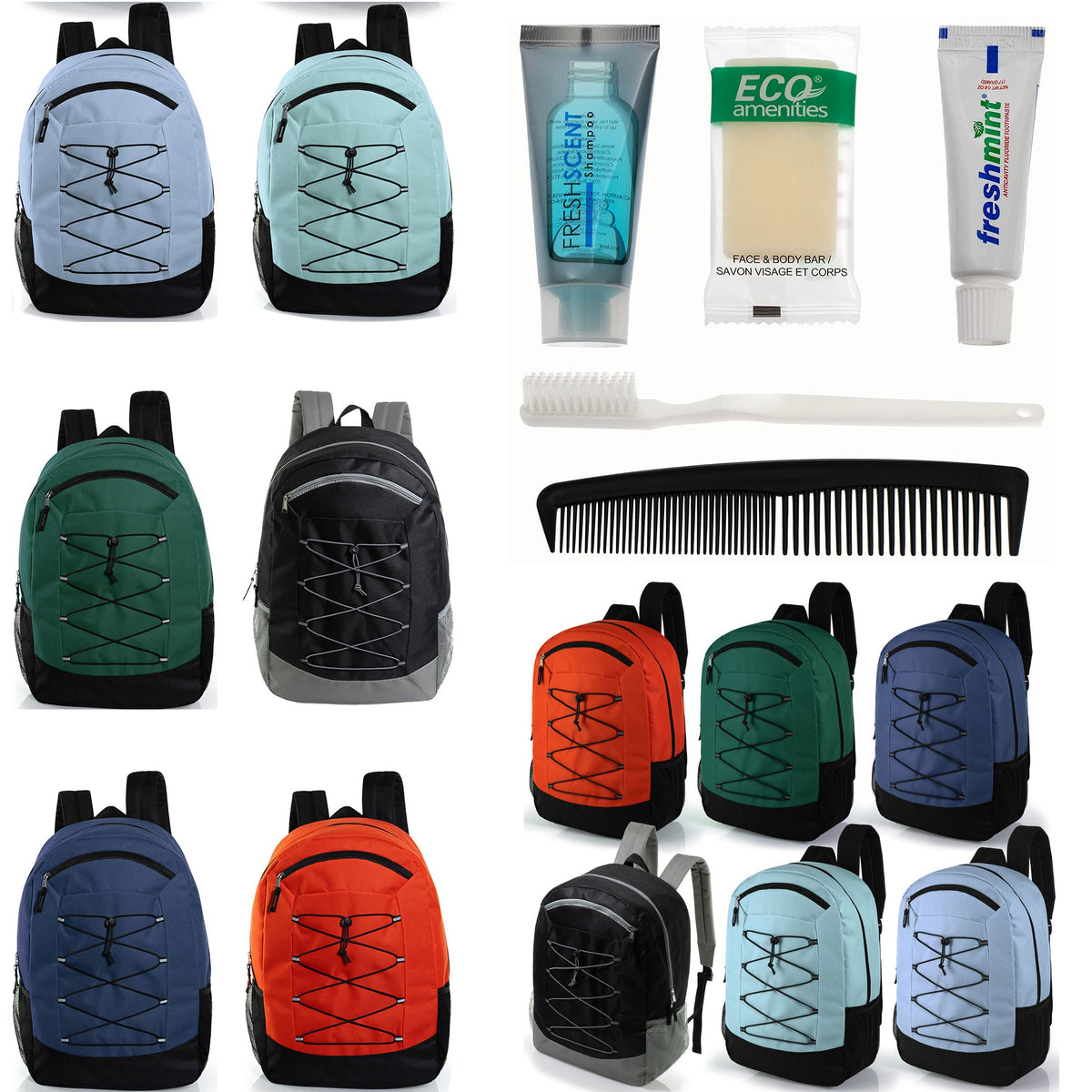 12 Deluxe Padded Large 19" Backpacks with a Laptop Sleeve & Your Choice of 12 Bulk Hygiene Kits - Wholesale Care Package: Homeless, Emergency, Charity