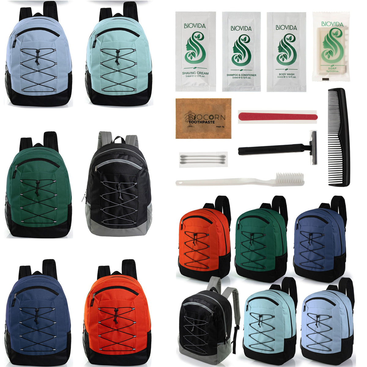 12 Deluxe Padded Large 19" Backpacks with a Laptop Sleeve & Your Choice of 12 Bulk Hygiene Kits - Wholesale Care Package: Homeless, Emergency, Charity